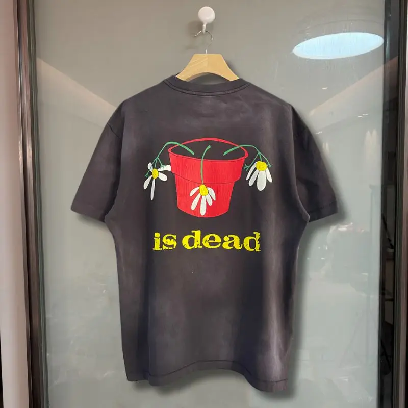 Vinatge Street Summer Saint T-shirts Potted Flowers Is Dead Print Washed Black Short Sleeve Cotton Breathable Tops Men Women
