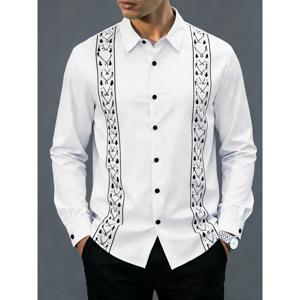 

Men's Retro Geometric 3D Printing Long-Sleeve Shirts Tylish Black and White Color-Blocked Slim Fit Shirt Casual Versatile Top