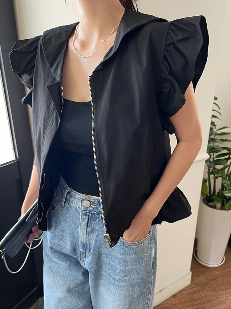 Retro Design Navy Collar Femlae Tops 2024 Autumn Korean Chic Stitching Wood Ear Loose All-match Jackets Zipper Vest Coat Woman