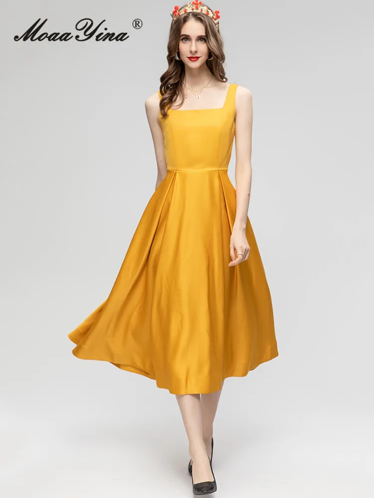 MoaaYina Summer Fashion Runway Yellow Elegant Party Dress Women Square Collar Backless Drawstring High Waist Slim Long Sundress