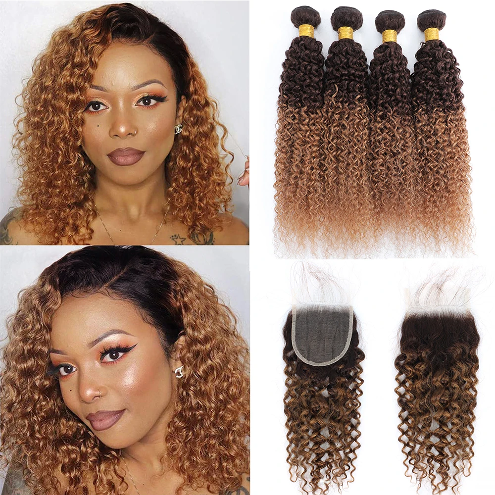 12A Brazilian Kinky Curly Human Hair Bundles with closure  Ombre Colored Curly Hair Weave Bundles 100% Virgin Raw Hair Extension