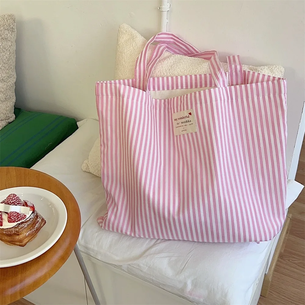 

Canvas Women Handbags Large Capacity Tote Bag Striped Shoulder Bag Casual Multifunctional Travel Bag