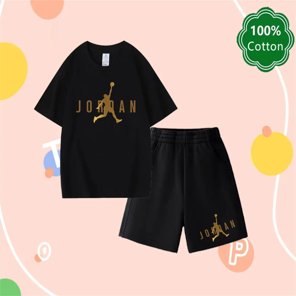 Nuevo conjunto con estampado de Jordan de verano, camiseta y pantalones cortos con letras para niños, conjunto de 2 piezas, conjunto de pantalones cortos y manga corta para niños