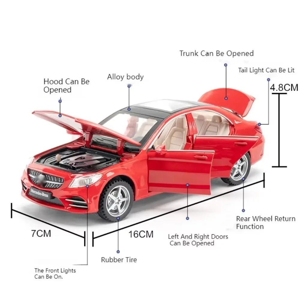 1:32 R8 V10 PLUS C260L Odlewany model samochodu ze stopu Zabawki Dźwięk Światło Otwarte drzwi Gumowe opony Miniaturowe pojazdy Chłopcy Prezenty