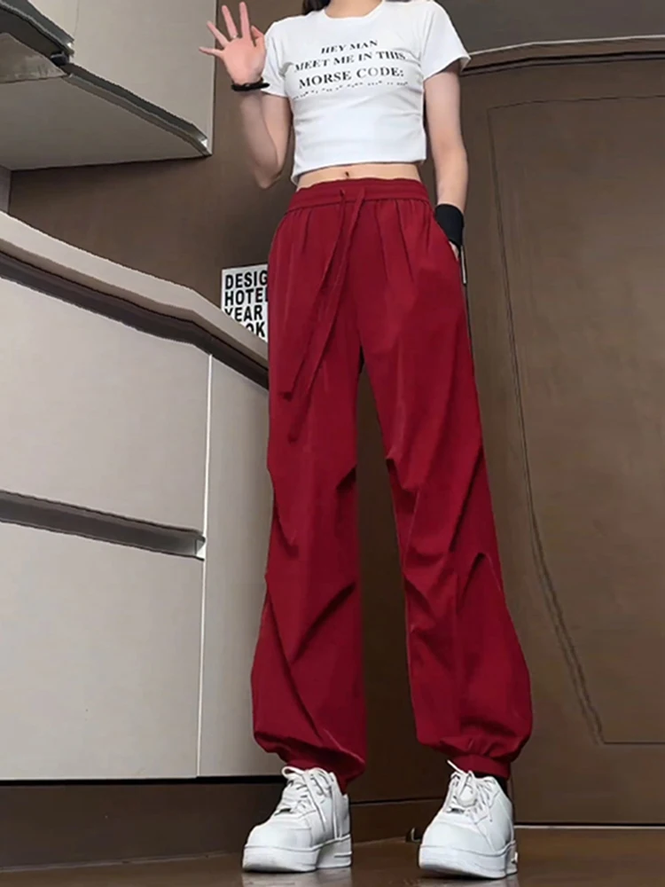 

Женские летние быстросохнущие брюки-карго цвета красного вина для активного отдыха, из ледяного шелка, с манжетами, трехмерные