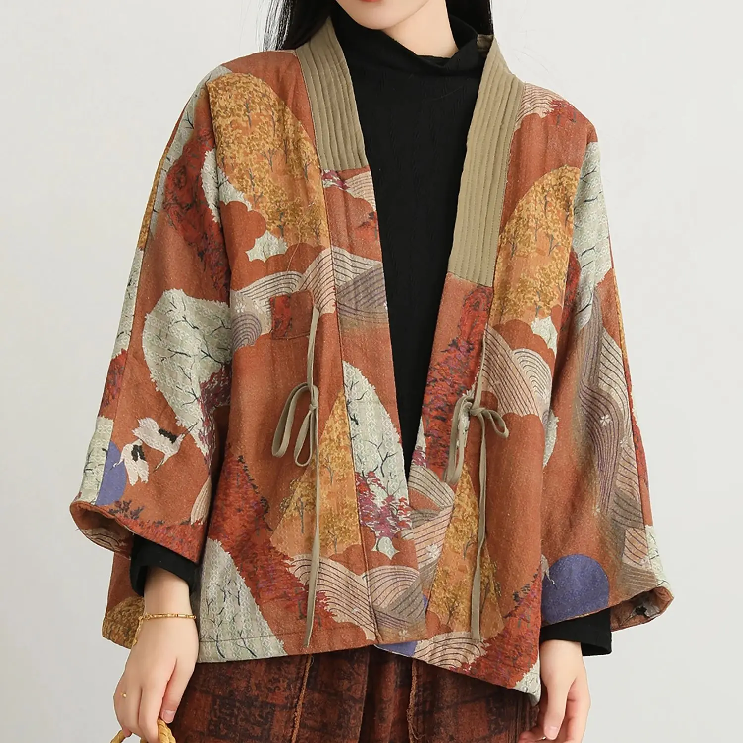 LZJN Women's Autumn/Winter Vintage Literary Print Padded Cotton Coat. Loose-Fit Belted Design with Elegant Tea-Inspired Style