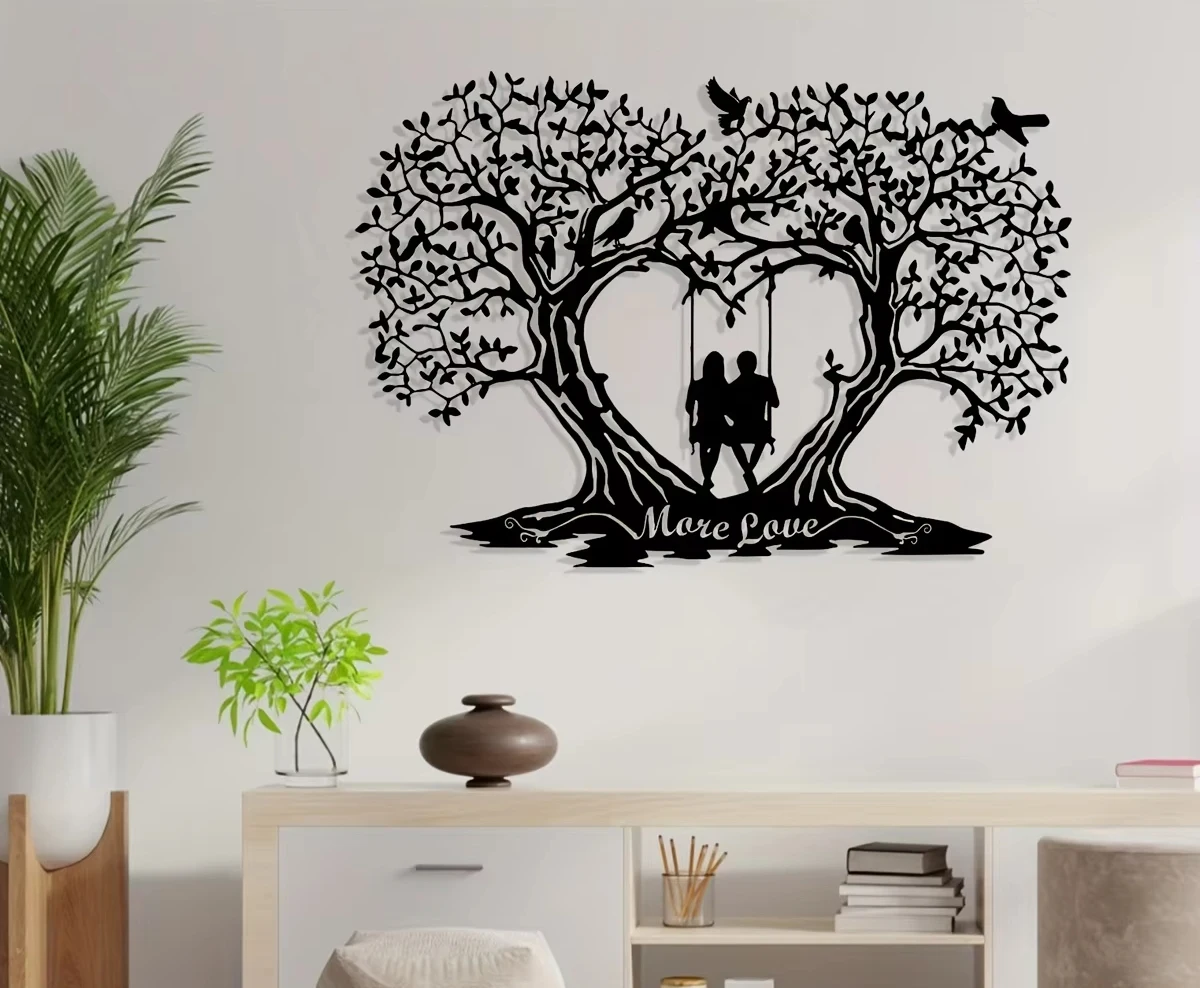 Custom Personalized Romantic Love Tree Metal Wall Art - Reusable Silhouette Decor for Home, Bedroom, Living Room