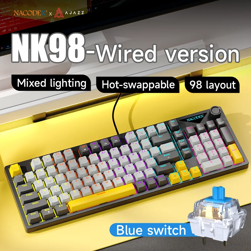 AJAZZ NK98 bedraad gaming-toetsenbord met 98 toetsen, ondersteunt alle hot-swappable mechanische toetsenborden.