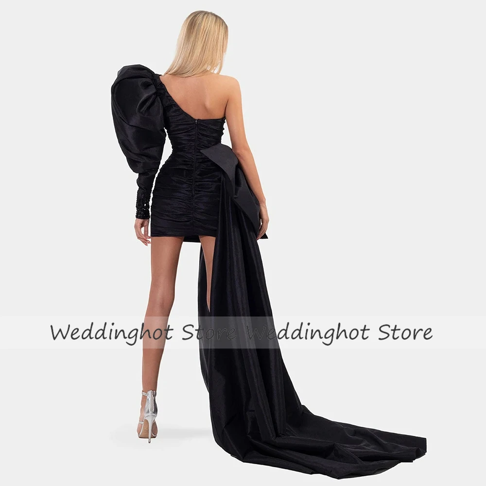 Mini Cocktail Dresses for Women with Train Big Bow Black Satin Evening Dress Puff Sleeve One Shoulder Crystal Sexy Party Gown