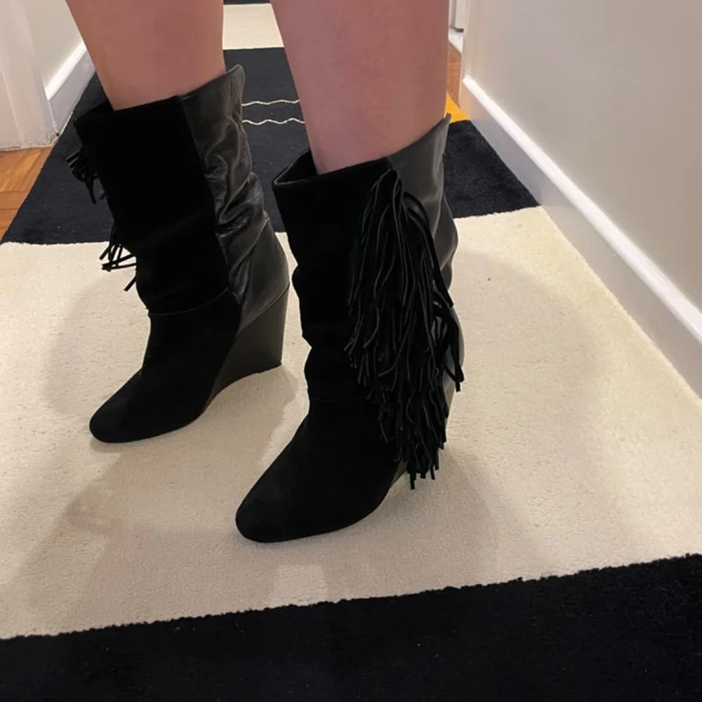 Custom Black Suede Wedge Heel Ankle Boots Suede and Leather Patchwork Stylish Fringe Accents Pointed Toe Daily Casual Lady Boots
