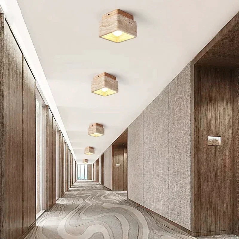 

Japanese Square Stone Travertine Ceiling Lamp for Bedroom Corridor Foyer Hallway Staircase Walnut Wood Ceiling Indoor Lighting