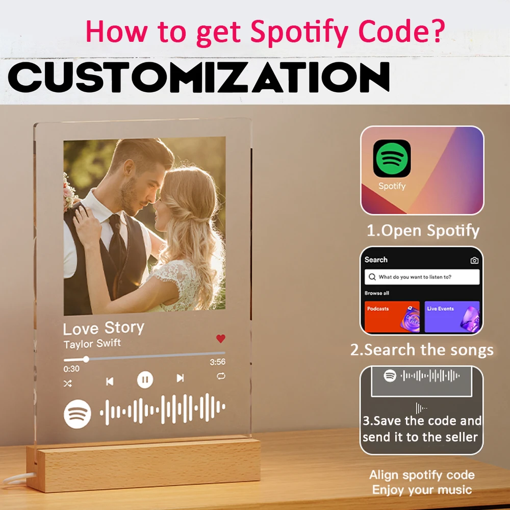 Custom Personal Photo Acrylic Board Personalized Spotify Music Codes Plaque LED Night Light Gift Couple Decoration Bedside Lamp