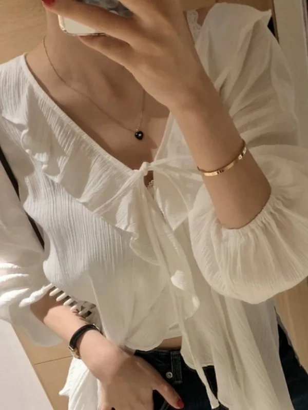 

Stunning Women's Spring 2026 Loose White Shirt with Beautiful Lace Trim And Belted Open Cardigan French Style Princess Sleeve