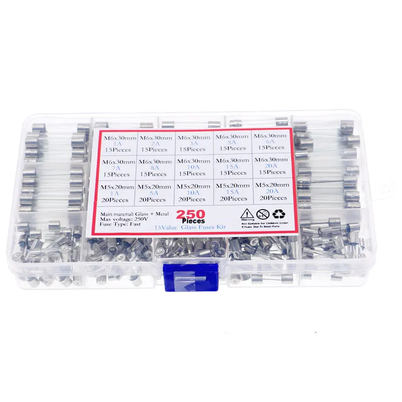 250pcs 5x20mm quick blown glass tube fuse assorted sets, quick blown glass fuses glass kit Box 1A-20A