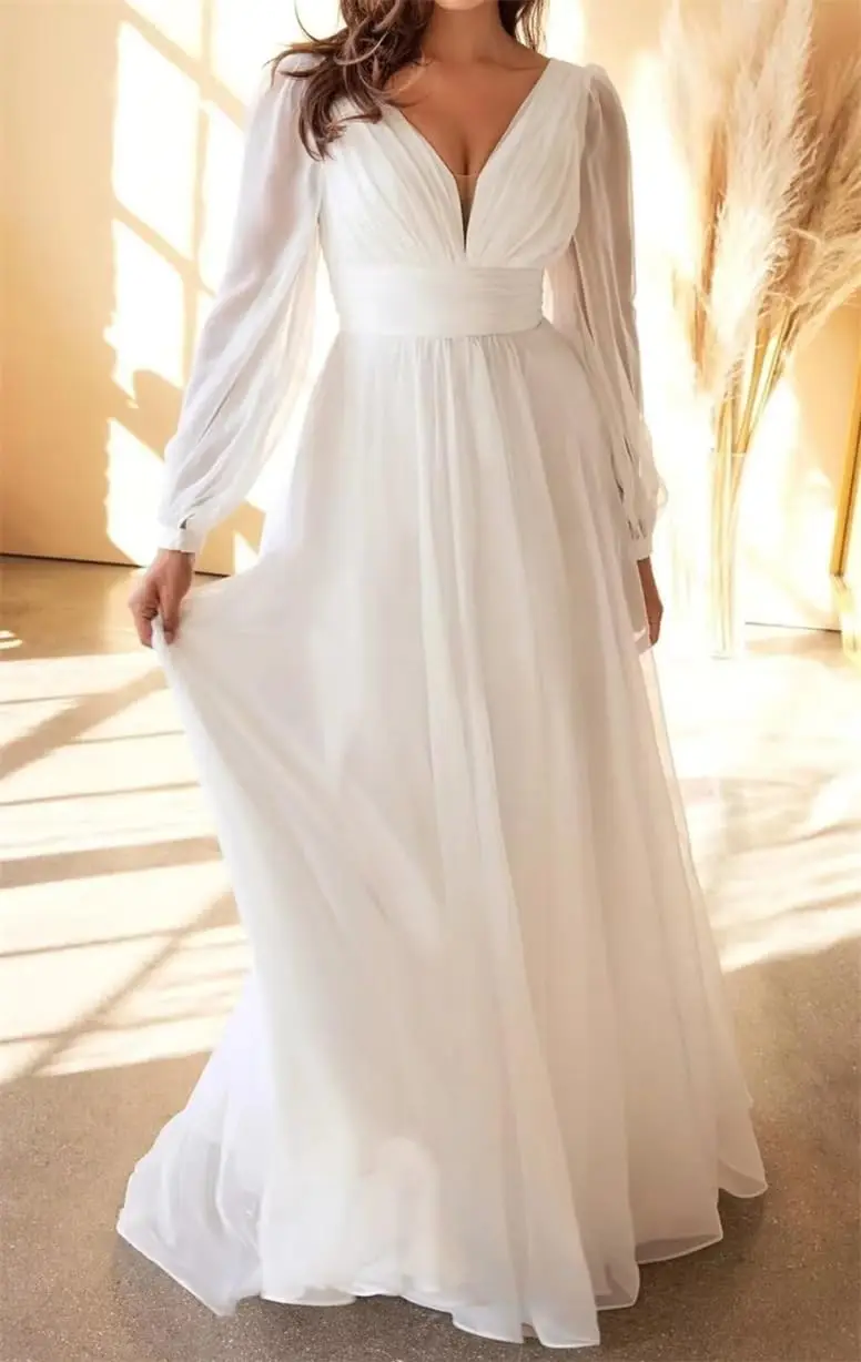 

Платья подружки невесты с длинным рукавом Шифоновые платья для выпускного вечера с V-образным вырезом Вечернее платье макси