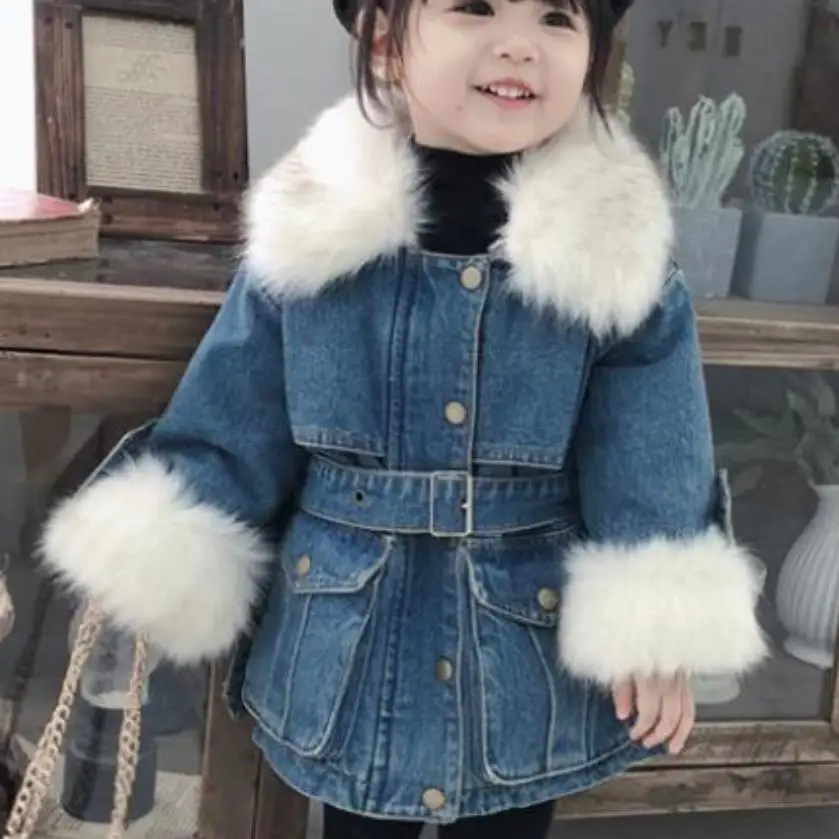 New winter girls denim down coat children warm big fur collar jackets kids infant girl parka