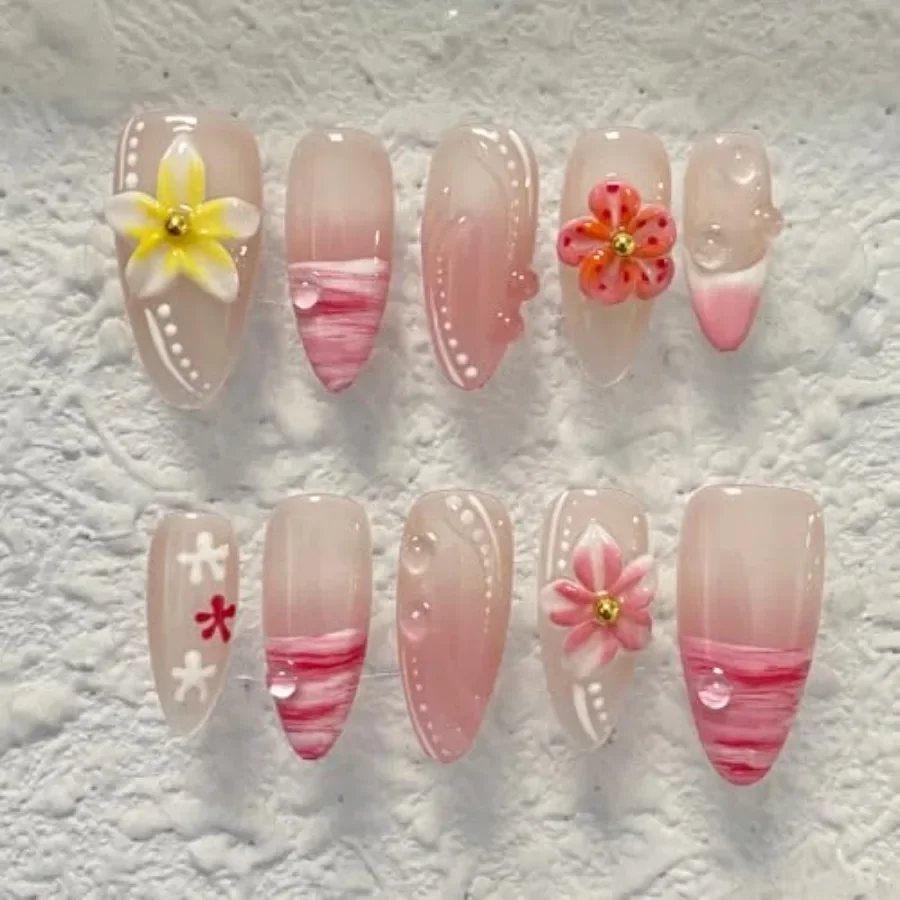 Press On Nails - Handmade 3D False Nails Medium Long Coffin 10 Pcs Reusable ABS Material Finger Painting Nail Tip French Salon