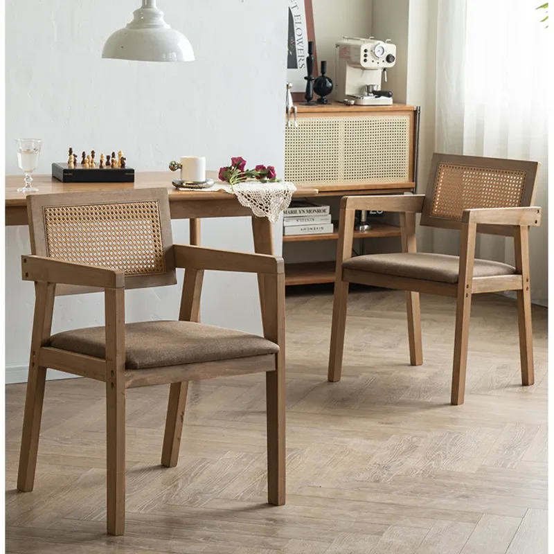 Nordic Solid Wood Dining Chairs, Vine Weaving Restaurant Stools, Comfortable Soft Bag, Armhair Supports 150kg Kitchen Furniture