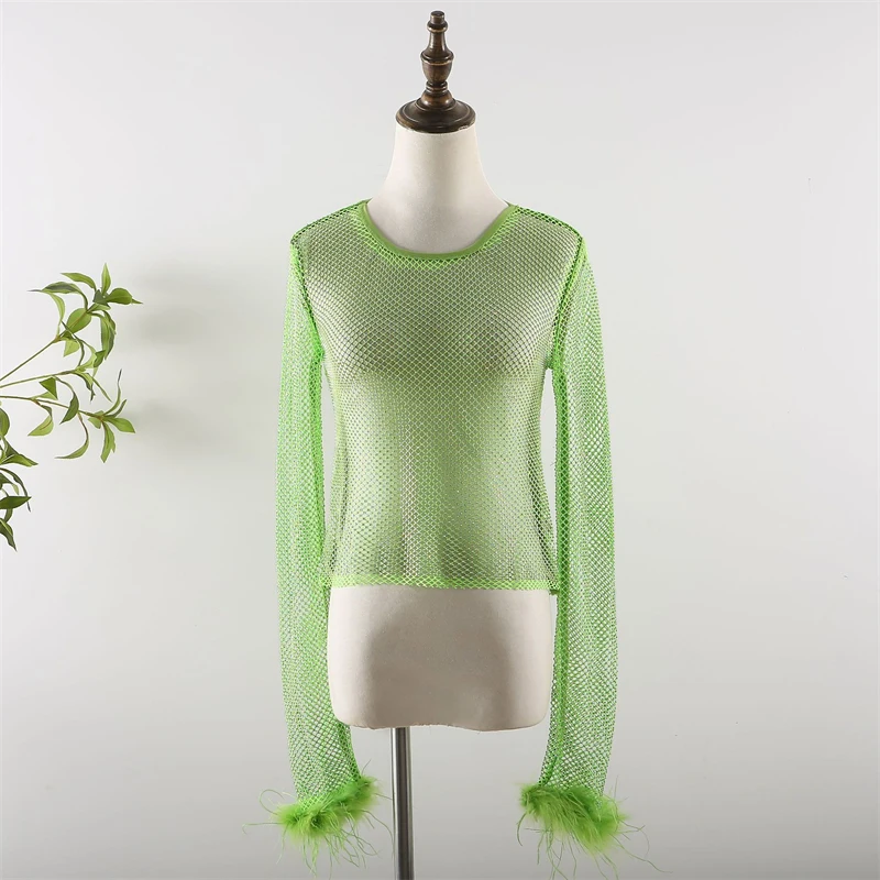 Damen Diamant-Netz-Top, Durchsichtiges Fischernetz-T-Shirt, Glitzernde Transparente Rundhalsbluse, Eng Anliegend, für Nachtclub, Party, Festival, Clubwear – Detail 7