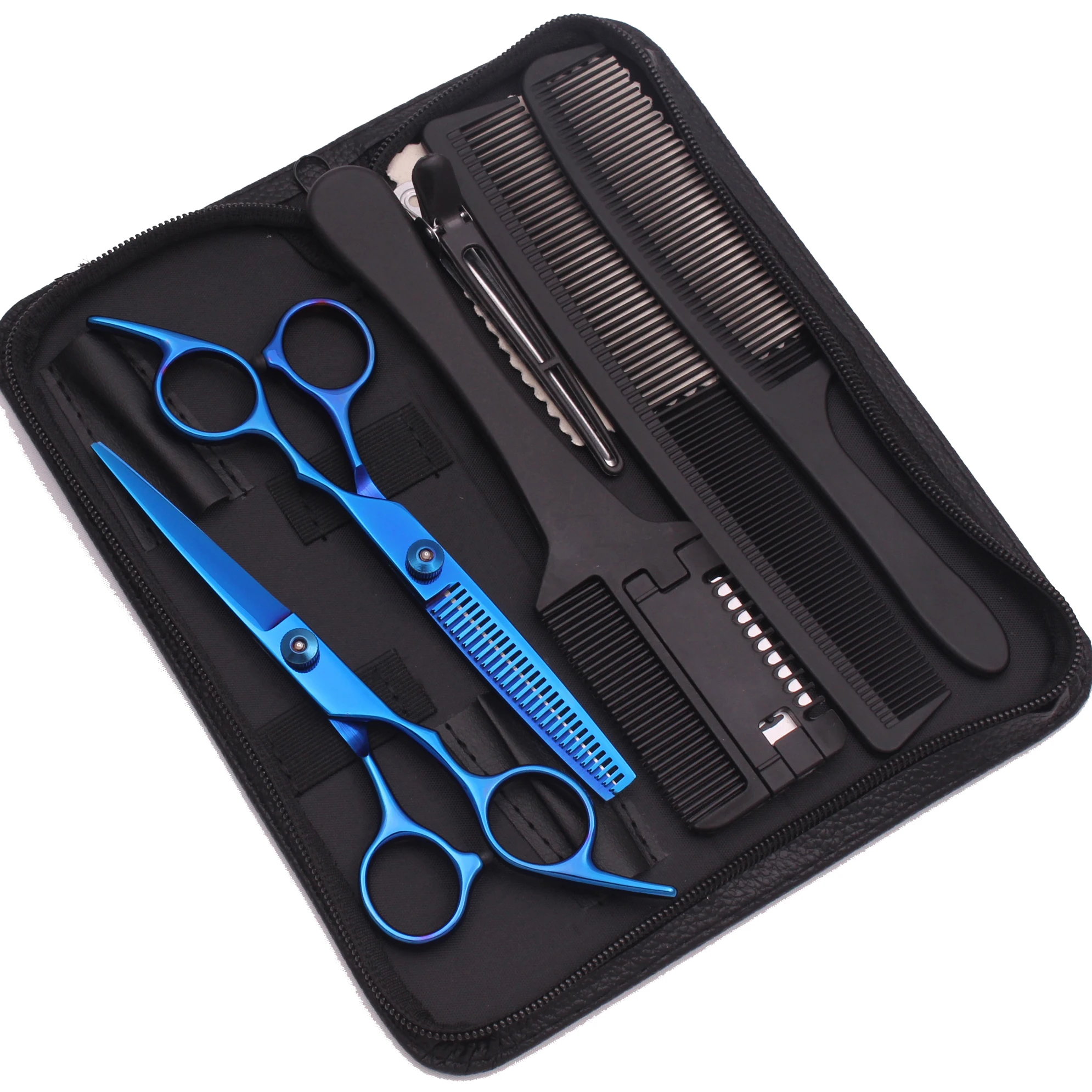 Haarschere JP Edelstahl Friseurschere 6" Haarschnitt Set Schwarz Effilierschere Salon Haarschnitt Schere Rasiermesser Kämme C1001