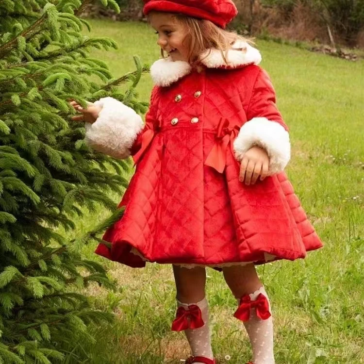 1-12Y Baby Girl Autumn Winter Handmand Customized Palace England Spanish Red Velvet Princess Wool Coat for Casual