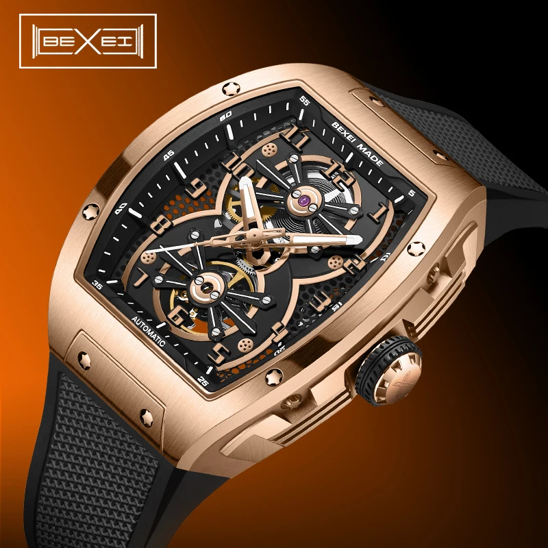 

BEXEI автоматические механические мужские часы из нержавеющей стали 316L со светящимся скелетом, роскошные мужские часы 9198