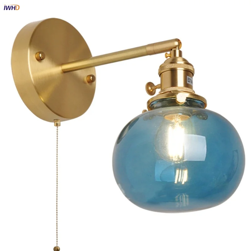 

IWHD Globe Blue Glass LED Wall Lamp Porch Living Room Reading Copper Vintage Pull Chain Switch Stair Light Fixtures Aplique Pare