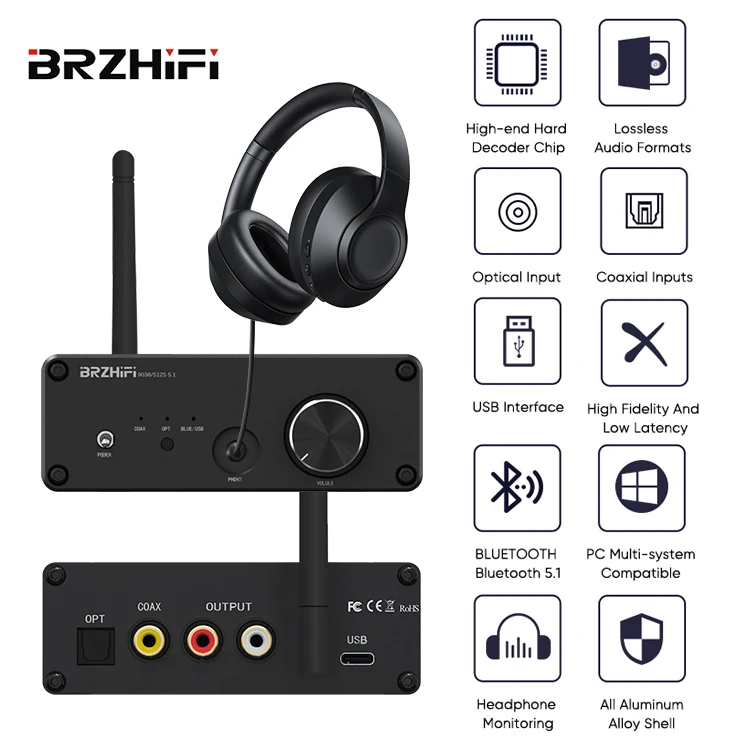 BRZHIFI BTC60 Aluminum 2 Channel BT 5.4 ES9038 APTX-HD LDAC Decoder Hifi Losslesss DAC Amplifier