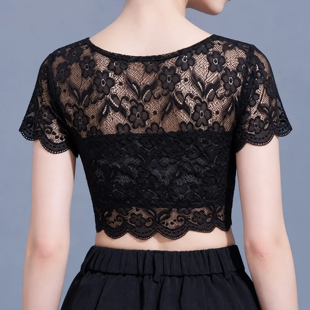 Delicate Floral Floral Lace Lace Top V-Neck Hollow Out V Neck Top Crop Lace Tee Women Girls