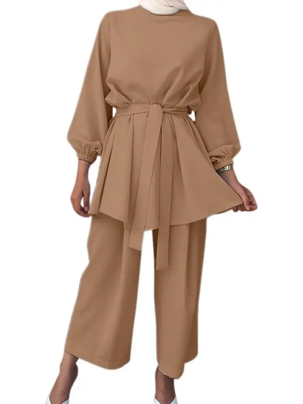 Ramadan Muslim Set Belted Suit Women Islam Clothing Turkey Dubai Abaya Kaftan Dress Outfits Tops Pant Femme Musulmane Ensembles