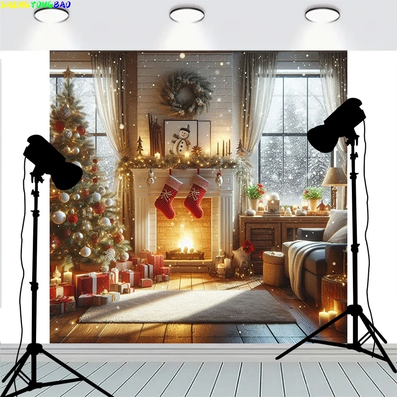 

Christmas Door Wreath Decoration Front Window Pink Flowers Background Firework Show Happy New Year Photography Backdrops MR-03