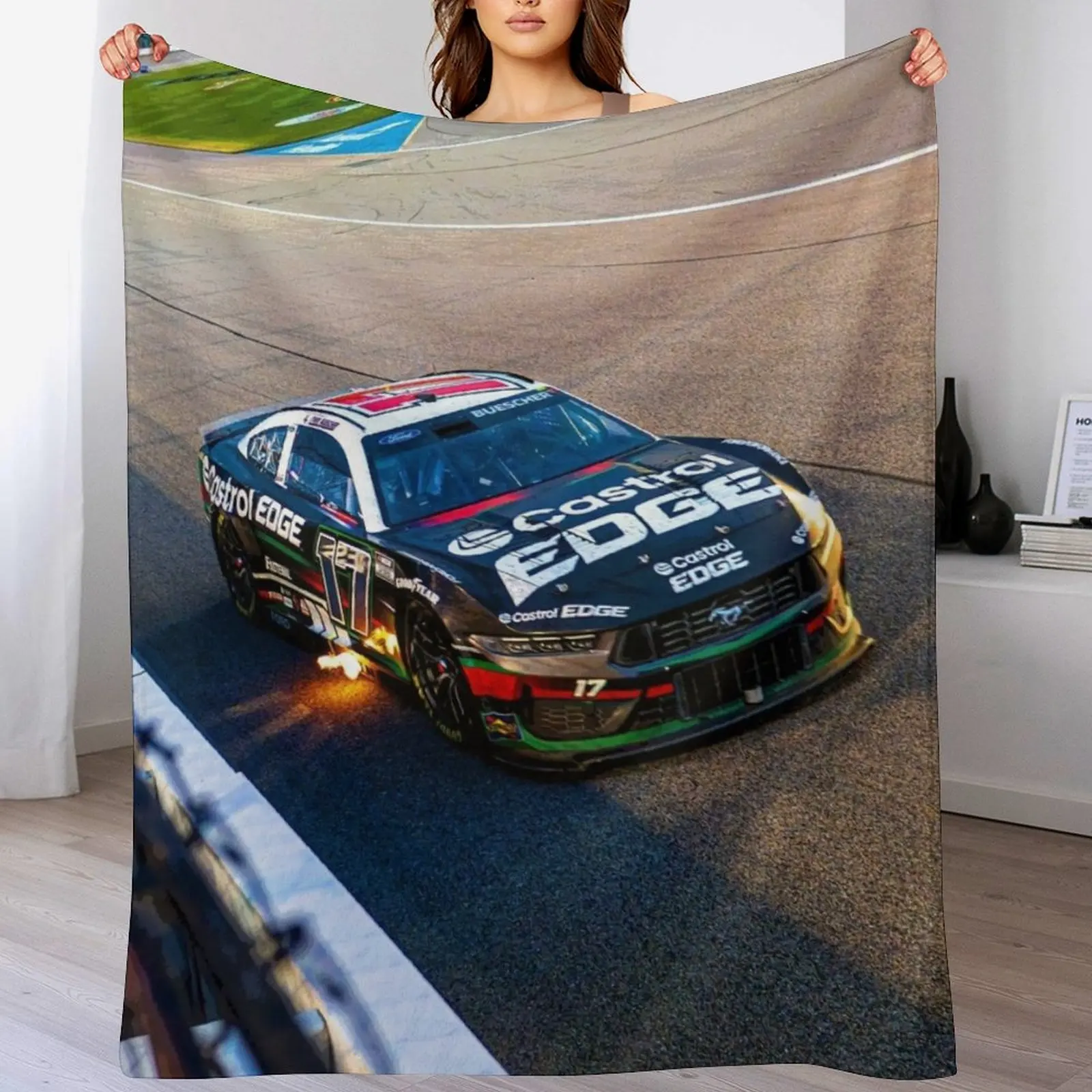 

Chris Buescher racing his 2024 Nascar Cup Car shooting flames out of his exhaust abstract Throw Blanket Bed Fashionable Blankets