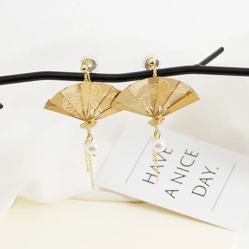 Chinese Retro Carved Phoenix Foldable Folding Fan Handing Earrings for Women Without Piercing Mosquito Coil Clip Tassel Earrings