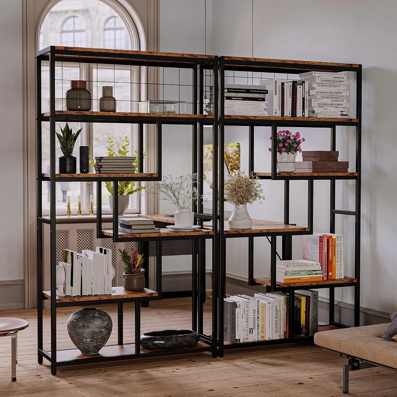 Bookshelves 6 Tiers Industrial Etagere Heavy Duty Shelves Living Room Office Storage Geometric Display Bookcase Vintage Brown