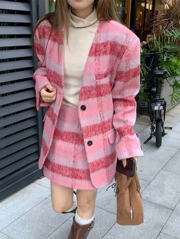 Alien Kitty Pink Winter Thicken Elegant Women Blazers Plaid Chic Woolen 2023 Sets Office Lady Sweet New Slim Mini Skirts Suits