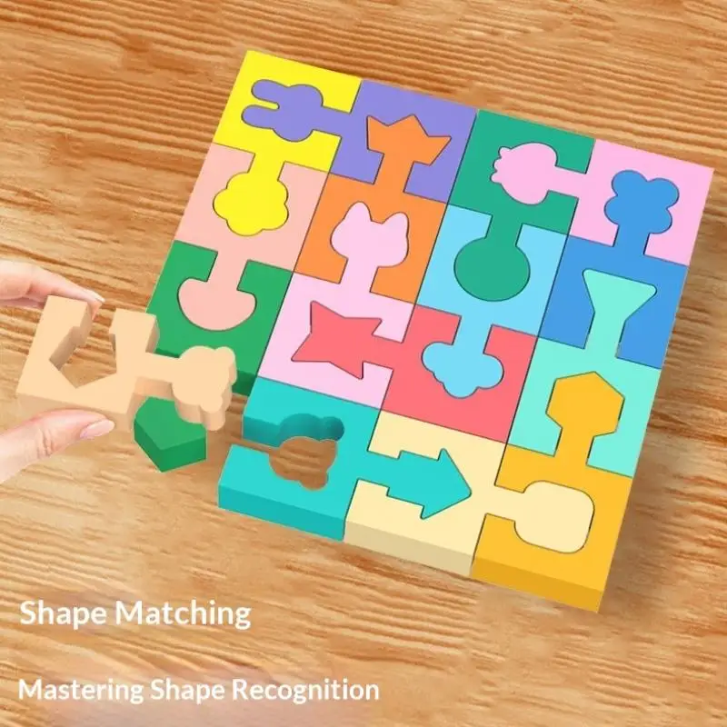 Wooden Puzzles Geometric Shape Matching Toy 16 Pcs Jigsaw Puzzle for Kids Boys Girls Learning Home School Kindergarten Educatio