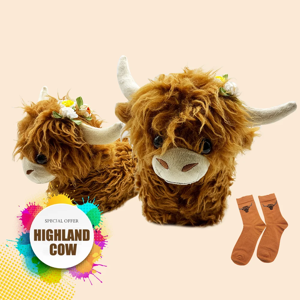 Highland Cow Plush Slippers with Sock Women Men Fluffy Cattle Slipper Warm Soft House Animals Shoes Christmas Birthday Gifts