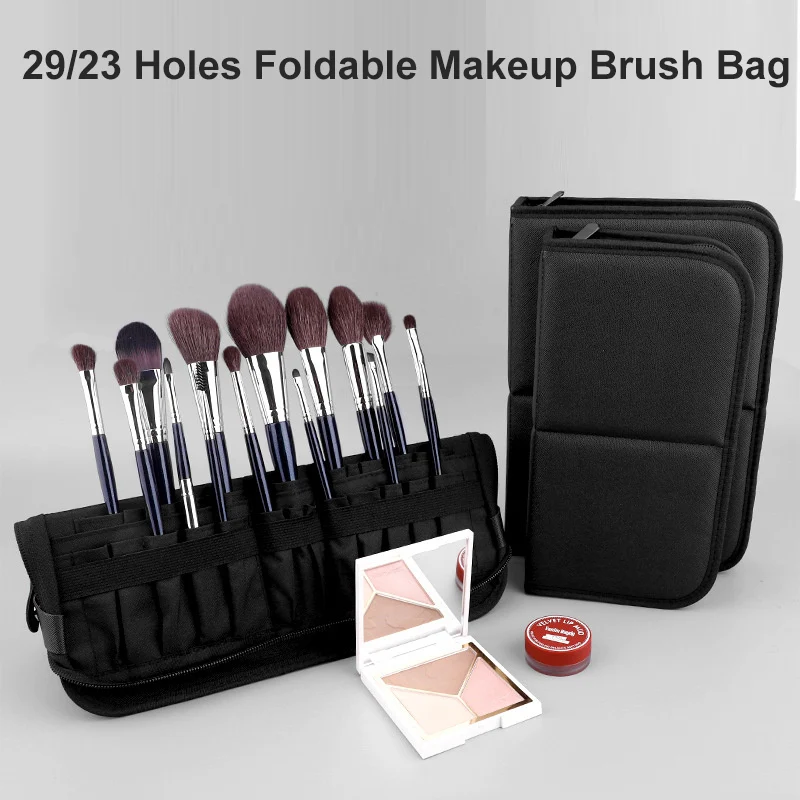 Foldable Makeup Brush Bag Zipper Cosmetic Makeup Tools Storage Bag Toiletry Brush Pouch 29/23 Holes Makeup Brush Tools Organizer