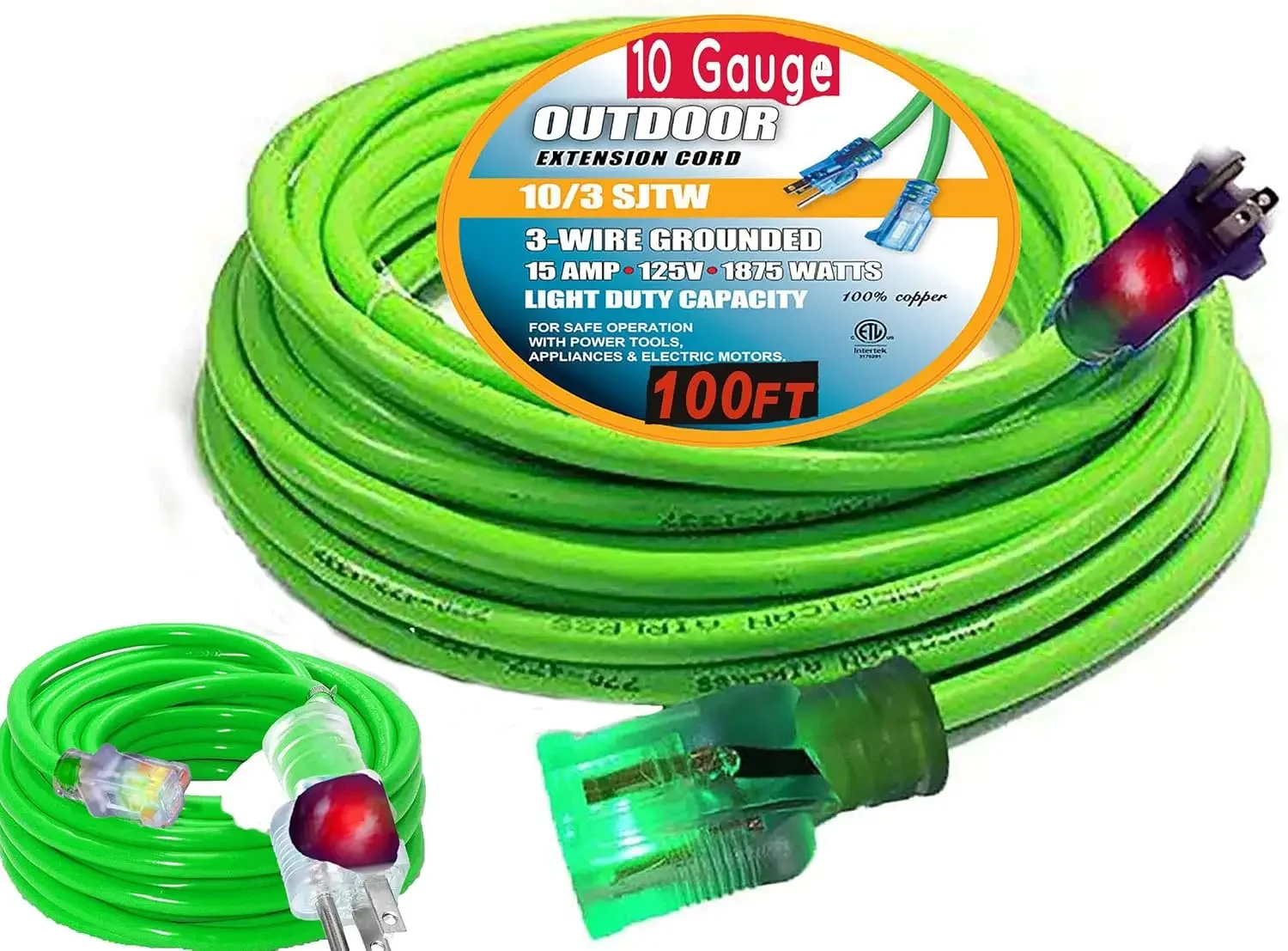 

Contractor Grade 100 feet 10 Gauge Power Extension Cord 10/3 Plug Extension Cord with Light