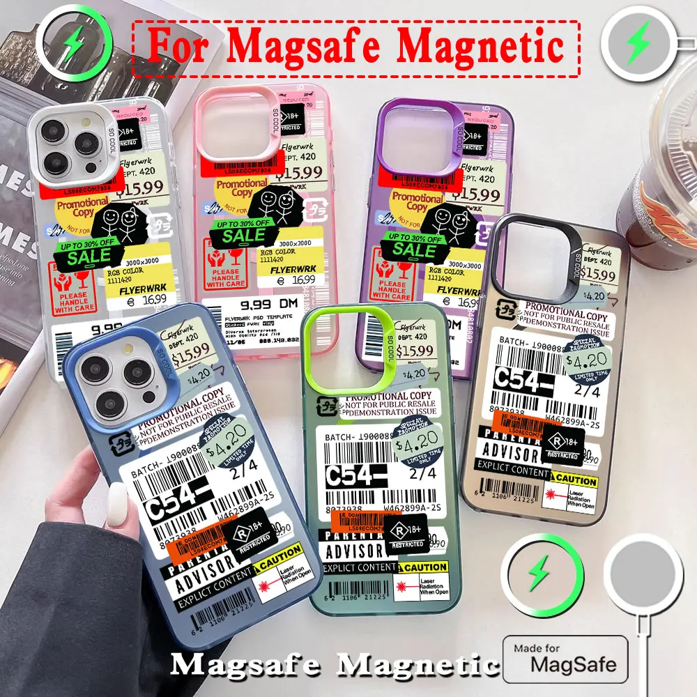 Fashion Stamp Label Barcode Magsafe Magnetic Phone Case for IPhone 11 12 13 14 15 16 Pro Max Plus Lens Creative Plated Cover