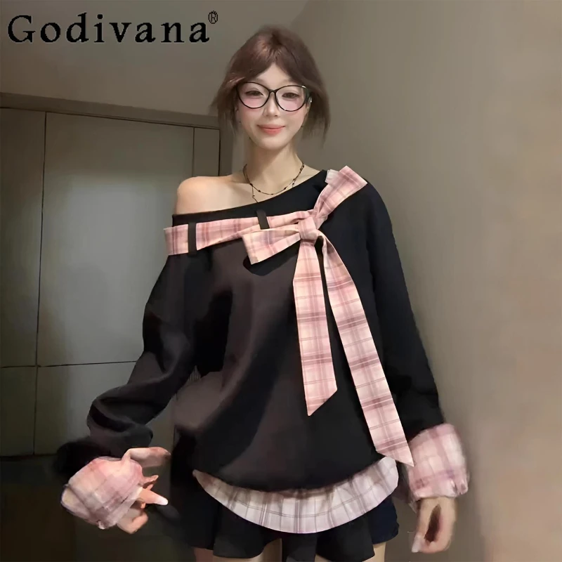 Large Size Sweet Cool Girl Loose Plaid Slanted Shoulder Hoodless Sweatshirt Spring Autumn Age Reduction Black Long-sleeved Top