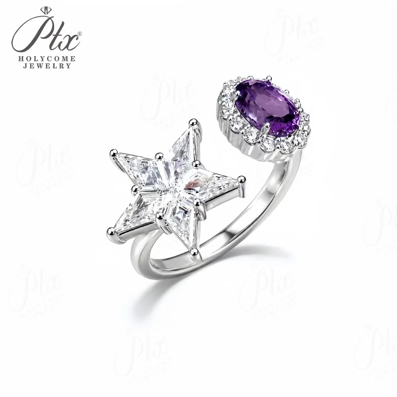 S925 Sterling Silver Open Ring Star Shape Oval Lab Purple Sapphire Ring Vintage Adjustable Statement Fine Jewelry for Women