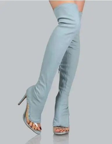 

Light Blue Denim Transparent PVC Hidden Zipper Peep Toe High Heel Slim Over The Knee Boots Women Summer Sandals Long Boots Shoes