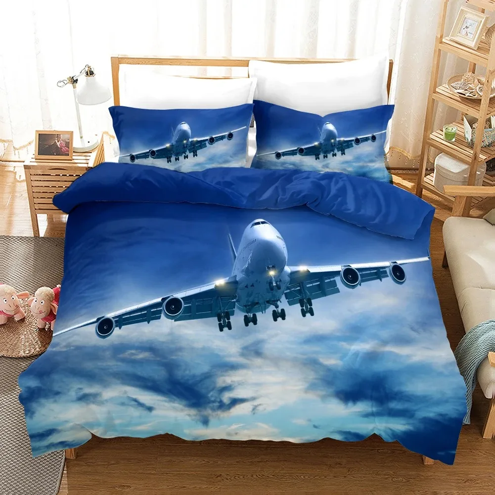 Plane Duvet Cover Microfiber Airplane Flying Through The Blue Sky Plane Theme Bedding Set for Boys Girls Double Queen King Size