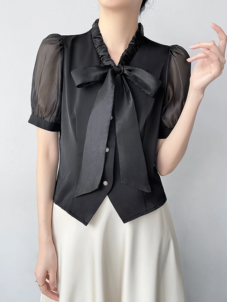 

Korean Sle Satin Me Knot ort Sve Women's irt Summer Glossy Tailored Split Top French Sle Slim Fit Bubb...