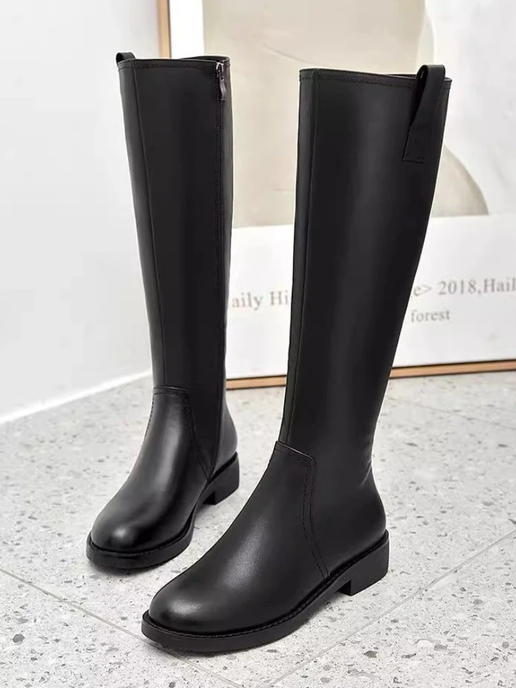Black Leather Elegant Middle Heel Ladies Knee High Shaft Shoes Autumn Winter Fleece-Lined Round Toe New in Women's Long Boots