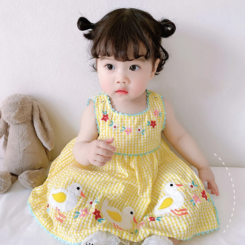 Baby girl Summer Dress with Embroidered Flowers & Cartoon Ducks - Cute Toddler Fashion