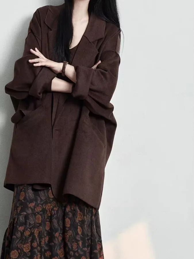 Casual Loose Women's Woolen Suit Jacket British Style Artistic Autumn Casual Versatile Small Western Style Cotton Polyester B...