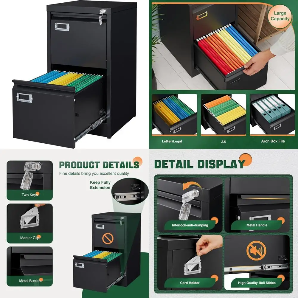 Metal Vertical Filing Cabinet with Lock, 2 Drawer Storage for Home Office - Secure A4/F4/Letter/Legal Files Assembly Required