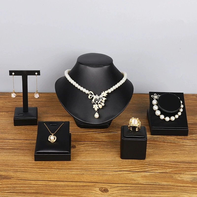Black Faux Leather Jewelry Display Stand Necklace Earrings Rings Bracelet Jewelry Rack for Retail Shop & Counter Organizers